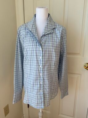 Orvis Plaid Button Down Shirt Women’s 14 Blue Green Preppy Coastal Classic